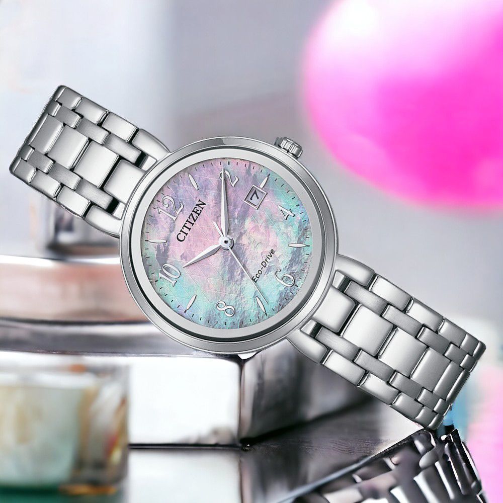 Reloj Citizen Eco-Drive Madreperla Mujer EW2690-81Y Acero - Color Morado / Celeste / Arcoiris.