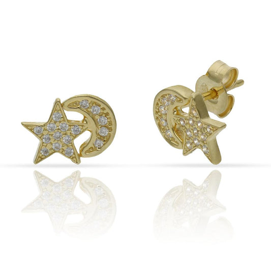 PENDIENTES PLATA CHAPADA ORO ESTRELLA + LUNA CIRCONITAS - 10X7MM