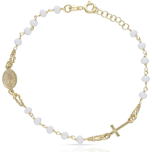 PULSERA PLATA CHAPADA EN ORO ROSARIO PIEDRAS BLANCAS