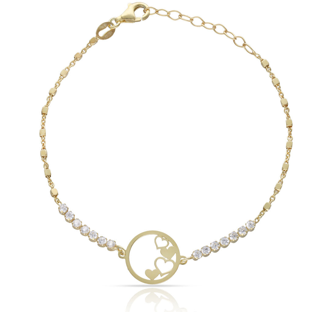 PULSERA PLATA CHAPADA EN ORO CIRCULO CORAZONES