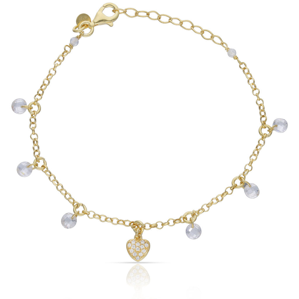 PULSERA PLATA CHAPADA EN ORO CORAZON + CIRCONITAS