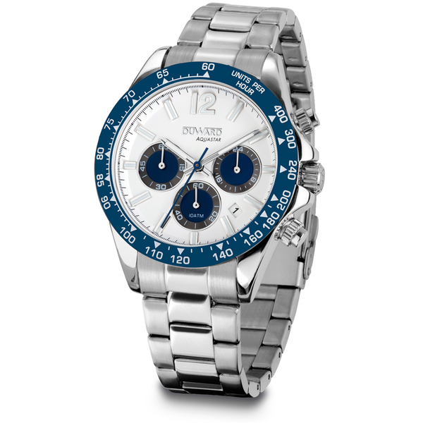 Reloj de hombre Duward Aquastar de acero con bisel azul y esfera blanca 10 ATM JO-D95539.01