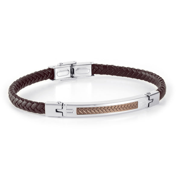 Pulsera Hombre Acero Trenzada Piel Marrón JO-DT3021.90 - Relojería Joyería Orlando