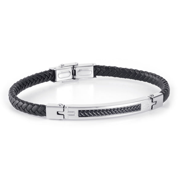 Pulsera Hombre Acero Trenzada Piel Negra JO-DT3021.92 - Relojería Joyería Orlando