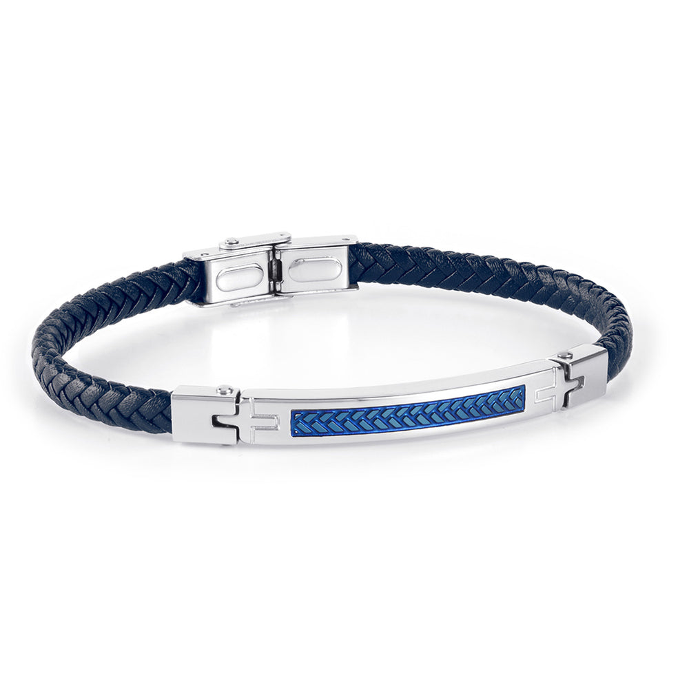 Pulsera Hombre Acero Trenzada Piel Azul JO-DT3021.95 - Relojería Joyería Orlando