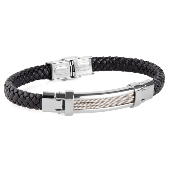 Pulsera Acero y Piel Negra con Placa JO-DT3072.01 - Relojería Joyería Orlando