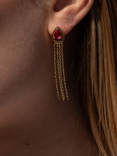 Pendientes largos plata diseño cortina gema rubí JO-19309-R-A