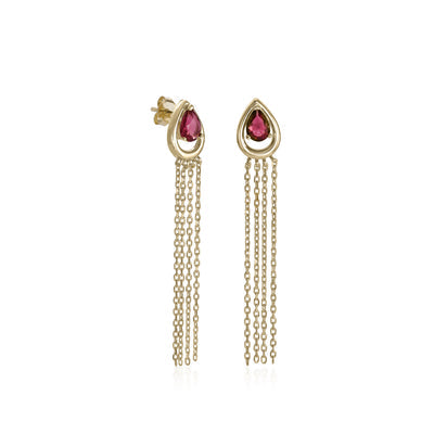 Pendientes largos plata diseño cortina gema rubí JO-19309-R-A